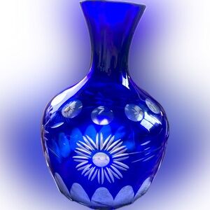 Vase Cobalt Blue Cut To Clear Decanter Vivid Beautiful 6.1/4” 4” Imperfection